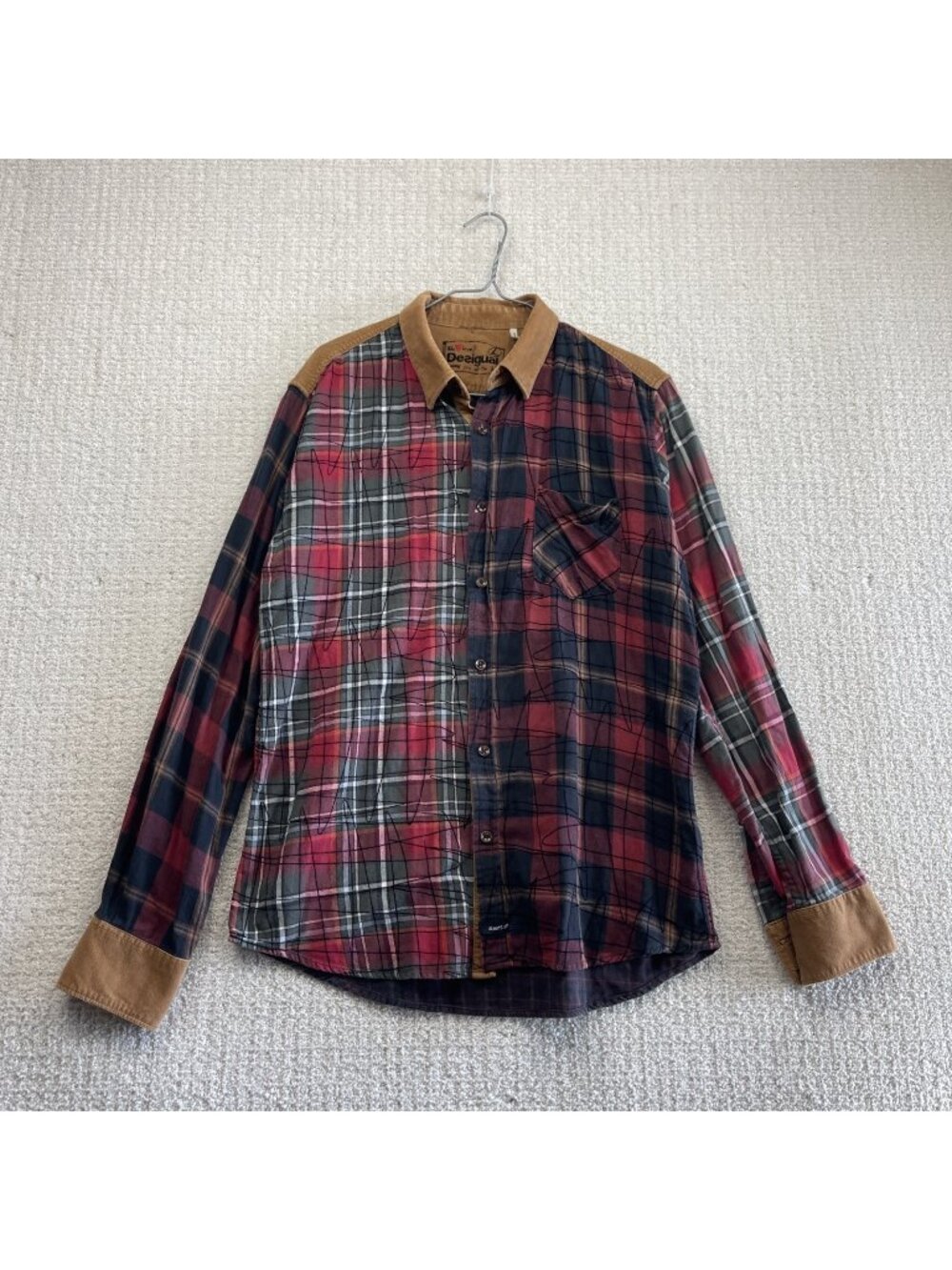 Y2K Desigual Button Down Long Sleeve Shirt L Artsy Plaid / Corduroy Eclectic